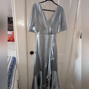 Elegant Silver Wrap Maxi Dress - Feminine V-Neck Evening Gown